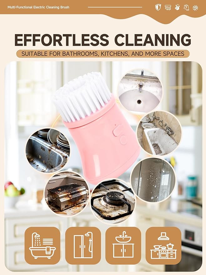 Electric Spin Scrubber, Cordless Cleaning Brushes, Pink Dish Brush kit, Gift for Woman, for Bathroom/Kitchen/Floor/Home/Grout/Tile, IP66 Waterproof Household Cleaning Supplies, Apartment Essentials