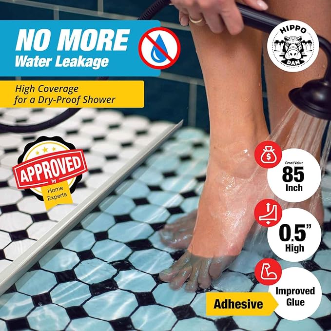 Shower Threshold Water Dam Barrier 85" - White Collapsible Shower Water Blocker - Guard for Walk in Shower - Water Guard Stopper for Floor - Shower Door Water Blocker by Hippo Dam