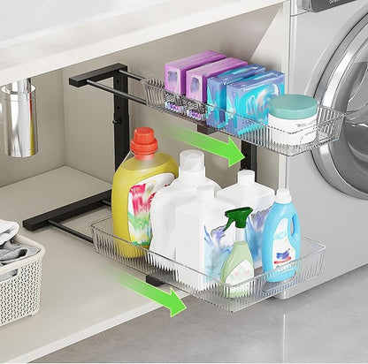 Under Sink Organizer, 2 Tier Pull Out Storage Organizer, Slide Out Storage Shelf for Bathroom & Kitchen, Under Cabinet Organizer and Storage with 5 Gears Height Adjustable (Black, 1 Pack)