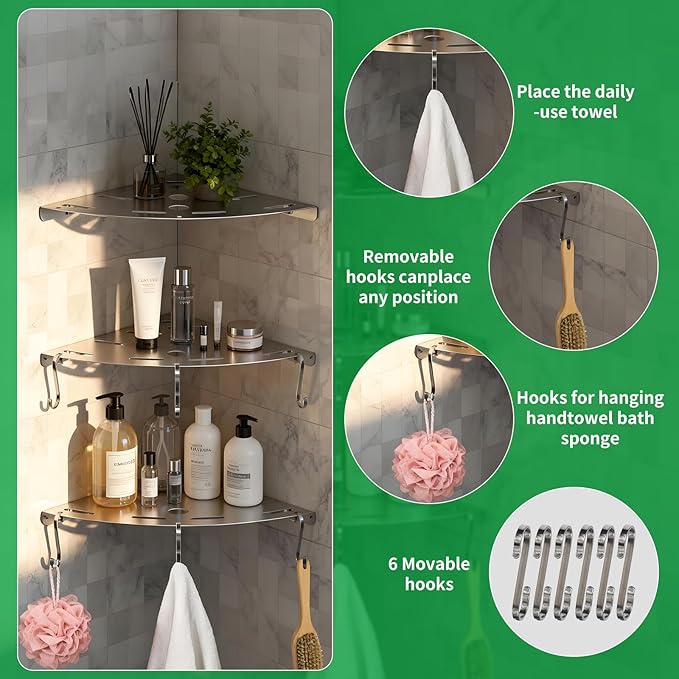 XIHLZYEH Corner Shower Shelves, 3 Pack 304 Stainless Steel Shower Shelf with 6 Hooks 40 lbs Heavy Duty, Rustproof Wall Mounted Organizer for Bathroom Drilling Installation(Silver)