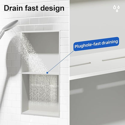 Bathbliss Shower Niche, No‑Tile Recessed Wall Niche, 11.18"x22.3" SUS304 Stainless Steel Double Shelf, Leak‑Proof Waterproof for Bathroom Storage, White