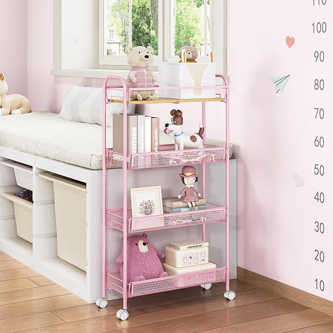 TOOLF 4-Tier Slim Rolling Cart, Metal Storage Cart with Wooden Tabletop and Mesh Baskets for Narrow Space on Kitchen Bathroom Laundry Room Bedroom Apartments Dormitory