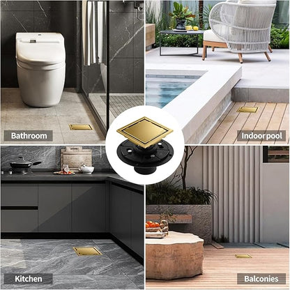 Hidden Brushed Square Shower Floor Drain, Gold 4 inch, 304 Stainless Steel, with Flange, Detachable Cover Embedded in Ceramic Tiles