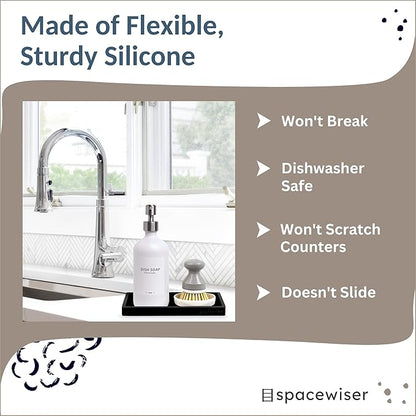 Countertop and Vanity Tray – Small 7.7” Silicone Tray, Soap Dispenser Trays, Bathroom Trays, Kitchen Soap Holder Sink Organizer Counter Caddy for Soaps Bottle Keys, Sponge Holder Dish Black