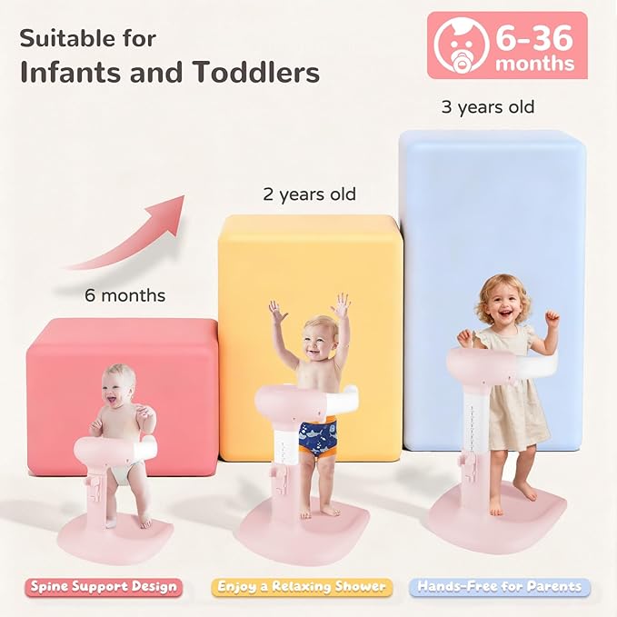 Baby Shower Stand – Adjustable Toddler Bath Stand & Standing Baby Bathtub for Infants 8–36 Months(Pink)
