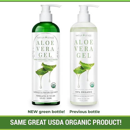 NaturSense USDA Organic Aloe Vera Gel from 100% Pure Aloe. Deep Hydration, Effective Moisturizing. Great for Hair, Scalp, Face, Dry Skin, Acne, Sunburn, Sensitive Skin. Unscented, 12 oz.