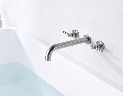 Wall Mount Tub Filler Faucet Brushed Nickel High Flow Bathtub Faucet Two Handles Solid Brass, Long Spout Reach, sumerain