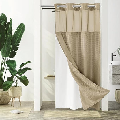 Gibelle Stall Small Shower Curtain 36x74, Waffle Weave Shower Curtain with Snap-in Fabric Liner Set, No Hooks Needed, Hotel Style with Mesh Top Window, Beige