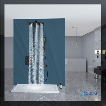 Aolemi Shower Faucet Set Rain Shower System with Handheld Spray Bathroom Shower Combo Rough-in Valve and Shower Trim Kit Included Matte Black 12 Inch Wall Mount Shower Head