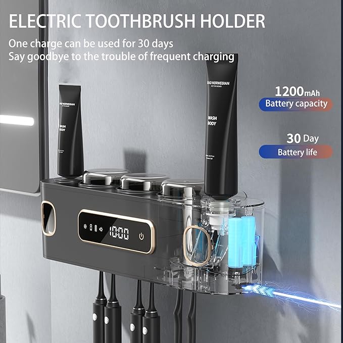 Rechargeable Toothbrush Holders for Bathrooms,Toothbrush Holder Wall Mounted with 3 Cups,Automatic Toothpaste Dispenser Bathroom Accessories Set (Grey)