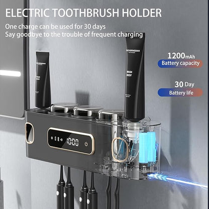 Rechargeable Toothbrush Holders for Bathrooms,Toothbrush Holder Wall Mounted with 3 Cups,Automatic Toothpaste Dispenser Bathroom Accessories Set (Grey)
