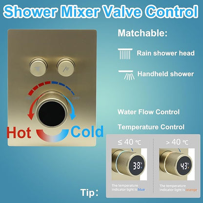 Digital Display Shower Valve Shower Valve 2 Way Shower Diverter Valve Shower Mixing Valve Can Use All the Time Brushed Gold