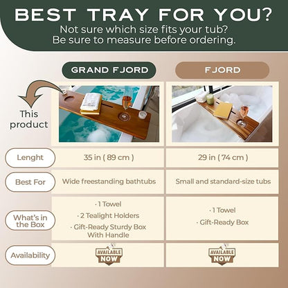 Grand Fjord | Teak Bathtub Tray for Large Soaking Tub | Extra Long 35” Luxury Bath Caddy for Freestanding Tubs | Minimalist Wooden Tub Tray with Candle Holders & Premium Towel by JapandiSpirit