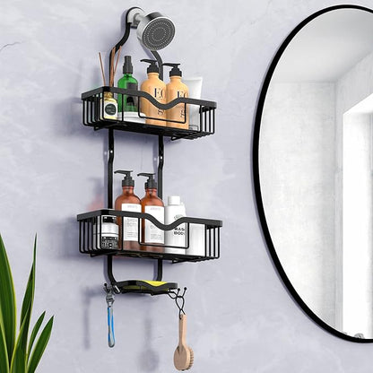 Kadolina Shower Caddy Hanging, Bathroom Organizer Rack, Shower Rack with Soap Dish, Over The Showerhead Caddy with Hooks for Razor/Sponge, Matte Black (Assembly Required)