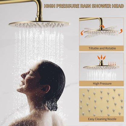Exposed Shower System with Rain Shower and Handheld Sprayer, Outdoor Shower Fixture with Tub Spout, Rainfall Showerhead Faucet Combo Set for Bathroom Height Adjustable Shower Mixer Brushed Gold