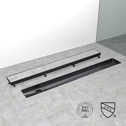 Offset Linear Shower Drain, Black Shower Drain 24 inch with 2-in-1 Tile Insert Cover, Brushed 304 Stainless Steel Side Outlet Black Shower Floor Drain with Hair Catcher and Adjustable Feet