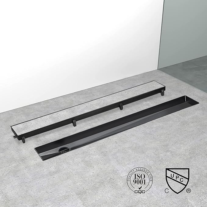 Offset Linear Shower Drain, Brushed 304 Stainless Steel Side Outlet Black Floor Drain with Hair Catcher and Adjustable Feet (48 inch)