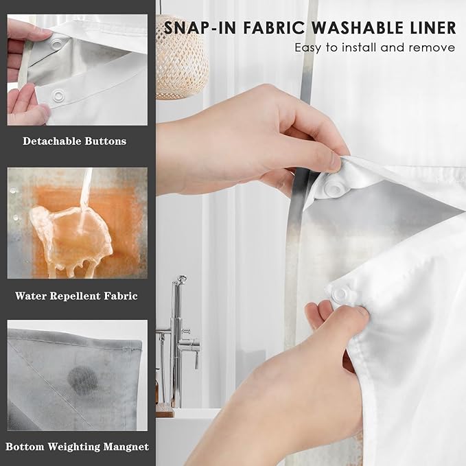 No Hook Grey Beige Orange Painting Shower Curtain with Snap in Fabric Liner Set, Abstract Double Layers Waterproof Fabric with See Through Top Window Open Grommet Bath Curtain 71x74 Inch