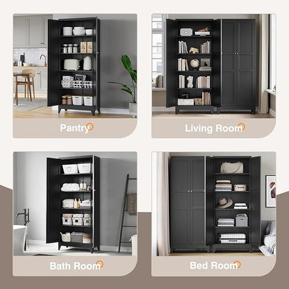 Yizosh Metal Pantry Cabinet, 75" Kitchen Pantry with 2 Door and 4 Adjustable Shelves,Black Metal Pantry Storage Cabinet,Cupboard for Kitchen,Dining Room,Living Room and Bathroom
