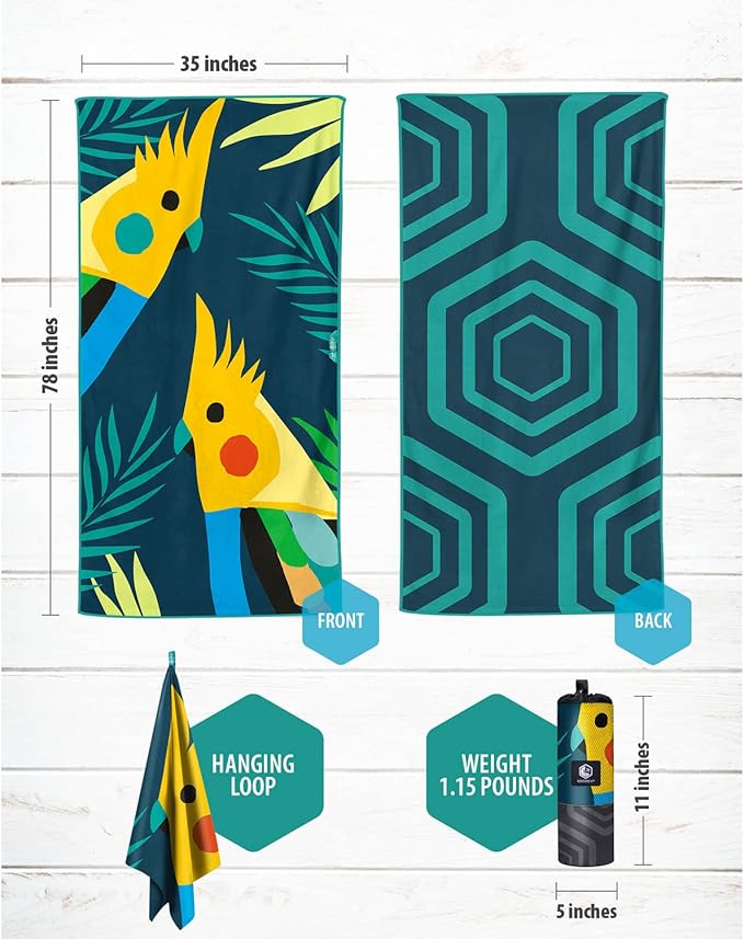 VENTURE 4TH Microfiber Beach Towel: Quick-Dry, Compact, Sand-Free, Absorbent, Sandproof and Lightweight - Perfect for Camping, Beach, and Roadtrips (Navy Cockatoo Design | 35x78 inches)