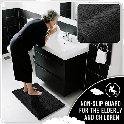 Yimobra Long Bathroom Rugs Non Slip Washable 44x24 Inch - Ultra Soft Absorbent Chenille Bath Mat, Quick Dry Shaggy Floor Carpet for Tub Shower, Black Home Decor Accessories