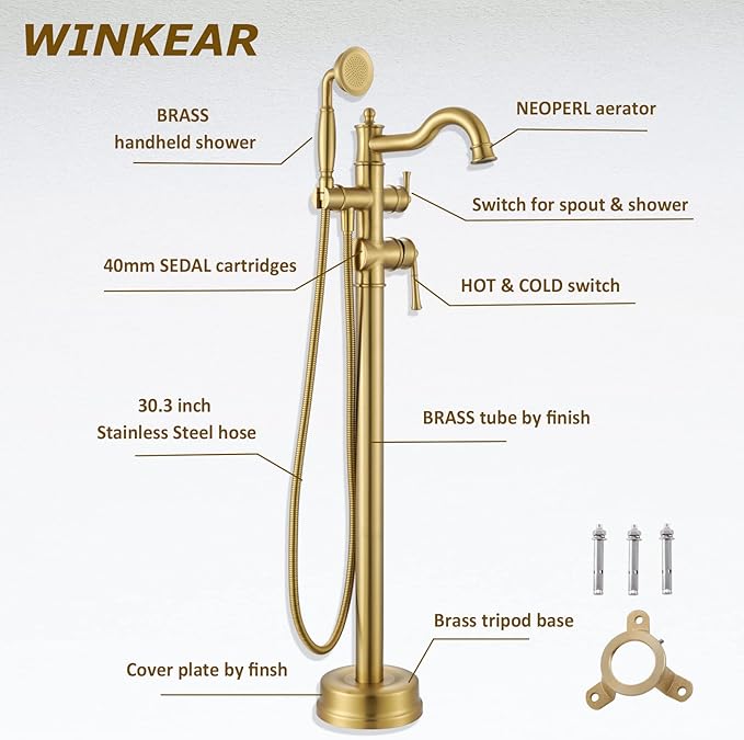 Freestanding Floor Mount Tub Filler with Handheld Shower Roman Bathtub Faucet by Brushed Gold Finish, Swivel Spout with Brass Rough-in and Water Hose