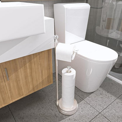 Toilet Paper Holder for Bathroom, Heavy Weighted Metal Free Standing Toilet Paper Holder Stand with Crystal Ball, Toilet Paper Roll Stand for Bathroom Accessories