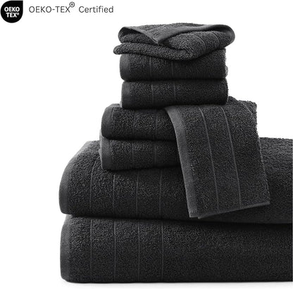 Casa Platino 100% Mercerized Cotton Luxury Bathroom Towels Set - 8 Piece - Ring Spun - 2 Bath, 4 Washcloths, 2 Hand Towels - Remains Soft & Absorbent Even After Multiple Washes - Midnight Black