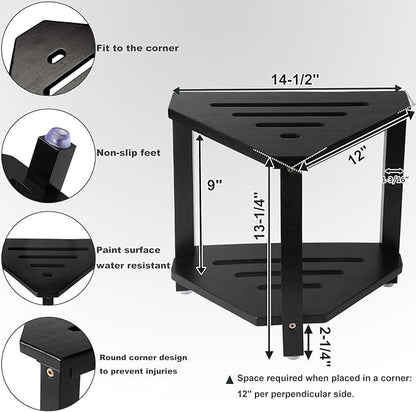 IBosins Corner Shower Stool with Storage Shelf Shower Foot Rest for Shaving Legs Small Bench for Inside Shower to Sit on Bath Seat - Acacia Wood, Black