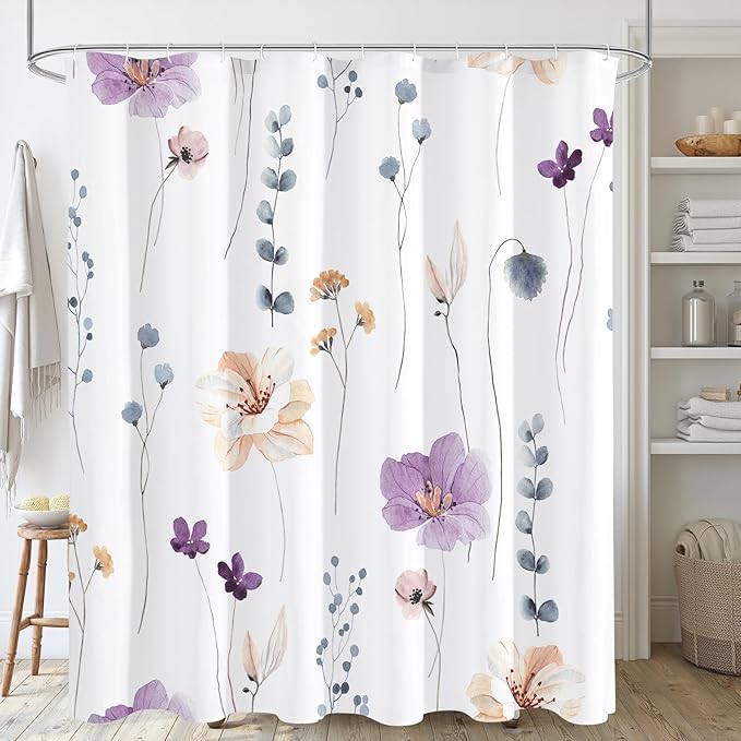 Gibelle Extra Long Shower Curtain 72 x 84, Watercolor Floral Fabric Shower Curtain, Purple Beige Flower Decorative Bathroom Shower Curtain Set