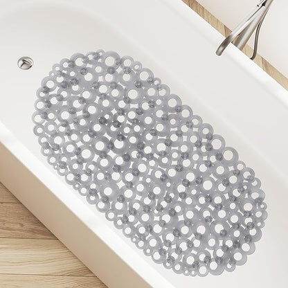 WELTRXE Oval Bathtub Mat Non Slip, Grey Bubbles Bath Mats for Tub, Shower Mat with Drain Holes, Suction Cups, Machine Washable Bath Tub Mat, BPA, Latex, Phthalate Free for Bathroom, 27 x 14 Inch