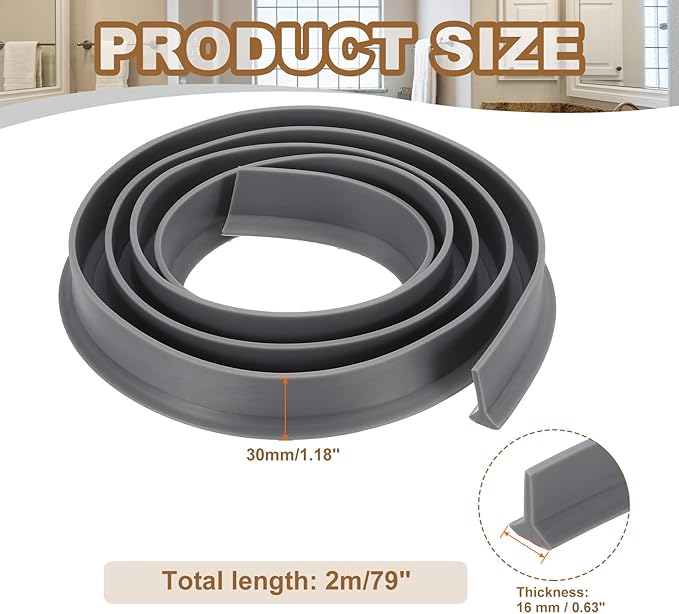 PATIKIL 79 Inch Collapsible Shower Threshold Water Dam Guard, Shower Stopper Barrier Self Adhesive Sink Splash Guards for Frameless Shower Door Bottom, Gray (1.2"Wx0.6"T)