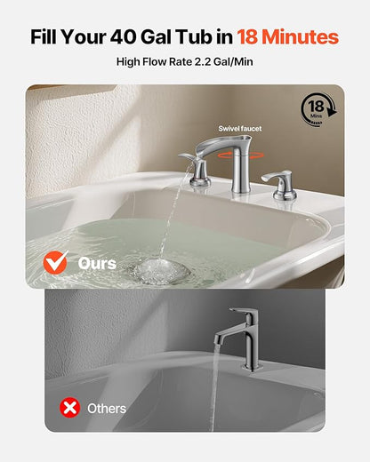 VEVOR Roman Tub Faucet, 3 Hole Waterfall Bathtub Faucet, Zinc Alloy Bath Tubs Faucets Set with 2 Handles, Deck Mount Bath Tub Faucets Set for Pet Washing, Adult Bathing, Silver, Hot & Cold Control