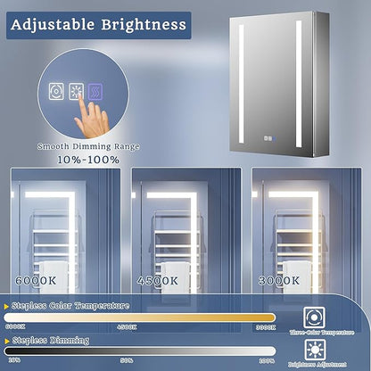 ExBrite LED Lighted Bathroom Medicine Cabinet with Mirror, 20 x 26 Inch, Recessed or Surface Mount, Anti-Fog, Stepless Dimming, Color Temperature Adjustment, 2 Outlets, Storage Shelves, Right Hinge