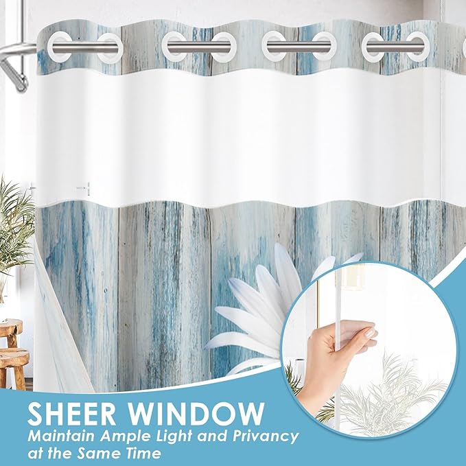 No Hook Blue Daisy Shower Curtain with Snap in Fabric Liner Set, Wooden Boards Double Layers Waterproof Fabric with See Through Top Window Open Grommet Bath Curtain 54x80 Inch