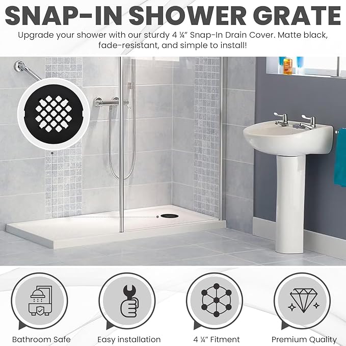 4 ¼” Matte Black Snap-in Shower Drain Cover - Premium Round Black Grate Replacement - 4.25" OD Strainer - Easy Install - Durable Solid Brass Construction