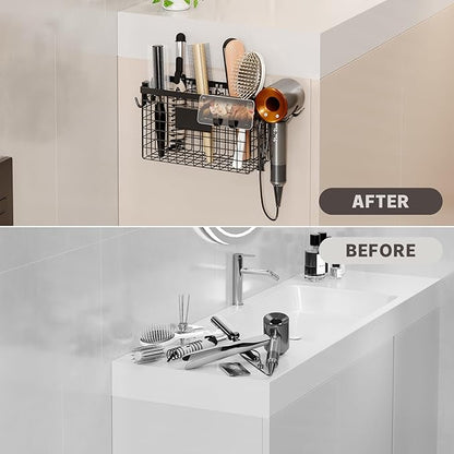 Hair Dryer Holder Cabinet Door 3-in-1 Adhesive Hair Tool Organizer Wall Mounted Adjustable Height Blow Dryer Holder Under Sink Bathroom Hair Appliance Organizer and Storage Countertop(Black)