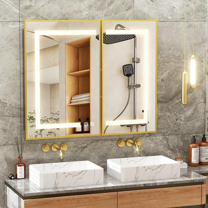 APRILSOUL 36X30 Inch Gold Bathroom Medicine Cabinet with Mirror, Recessed or Surface Lighted Medicine Cabinet with 3 Colors Temperature, Dimmable Light