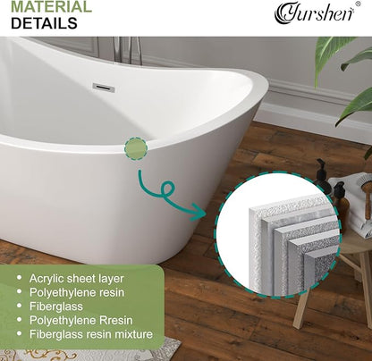 67" Freestanding Acrylic Bathtub – White Double Slipper Soaking Tub with Chrome Drain & Overflow, Glossy Finish for Modern Bathrooms #YSB9211