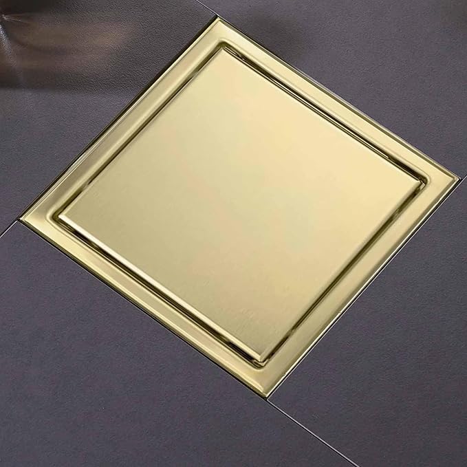 4 Inch Square Shower Floor Drain, Shower Drain Kit with Flange and 2 in 1 Tile-Insert Cover, Square Shower Drain, SUS 304 Stainless Steel Floor Drain,Brushed Gold