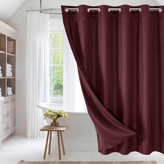MitoVilla No Hooks Needed Burgundy Waffle Shower Curtain Liner Set, Modern Waffle Weave Heavy Duty Fabric Cloth Shower Curtain with Snap-in Liner for Luxury Neutral Hotel Spa Bathroom Decor