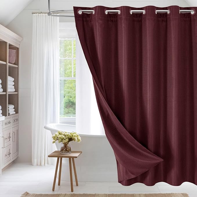 MitoVilla Burgundy Long Shower Curtain Liner Set 72 x 80, No Hooks Needed 80 inch Long Heavyweight Waffle Fabric Shower Curtain Set with Snap-in Liner for Hotel Grade Spa-Like Bathroom Decor, Burgundy