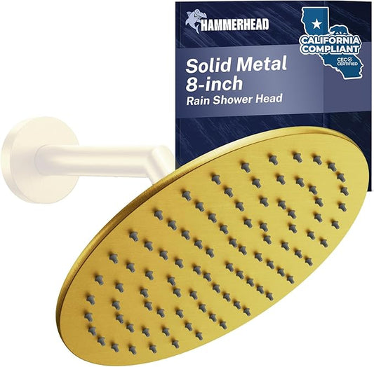 HammerHead Showers Solid Metal Round 8 Inch Rainfall Shower Head, High Flow Shower Head Optimized for Pressure, Brushed Gold, 1.75 GPM