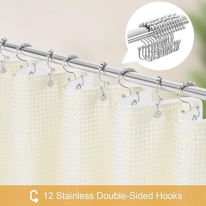 3 in 1 Extra Long Cream Shower Curtain Set-72 W x 84 H, Ivory Waffle and PEVA Liner Set with 12 Stainless Steel Hooks, Waterproof Fabric for Bathroom