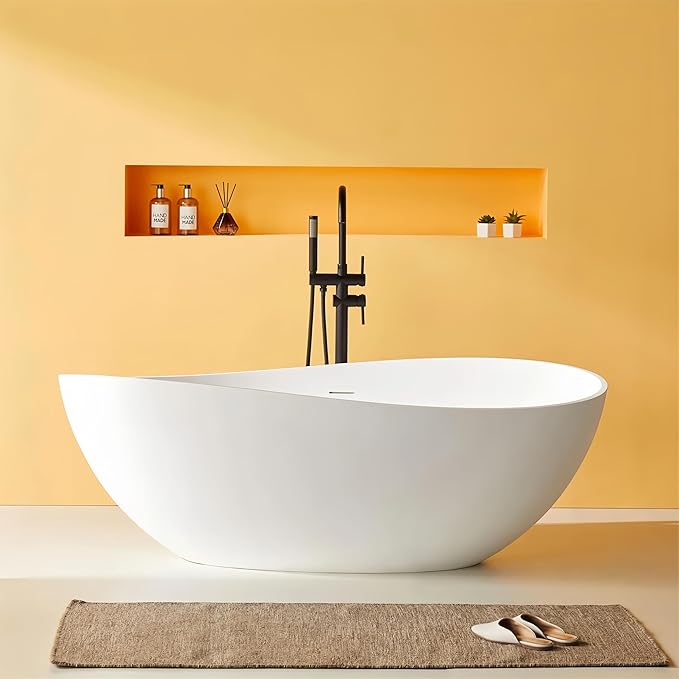 Abruzzo 63" Matte White Freestanding Solid Surface Bathtub - Stone Resin Soaking Tub, cUPC Certified