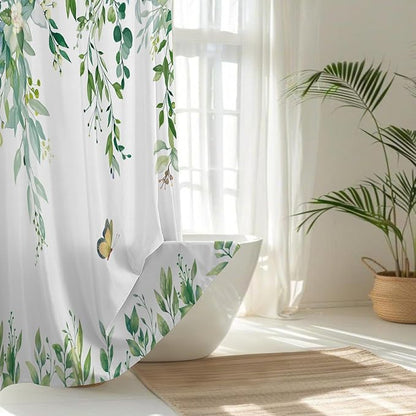 No Hook Shower Curtain and Liner Set, Light Green Eucalyptus Floral Shower Curtains for Bathroom, Bath Curtain Sets with Snap in Liner, Waterproof with See Through Top Window, 71x84 Inches