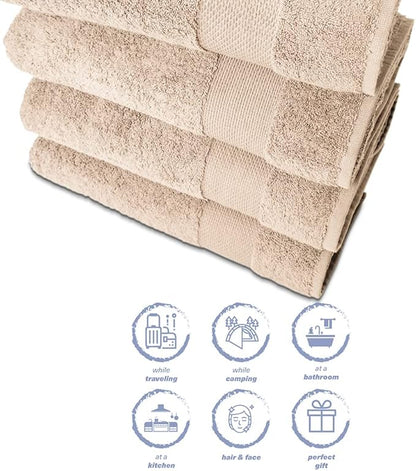 Hencely Premium Bath Towel Set of 4-28x 58 inches Soft Turkish Cotton Absorbent and Quick Dry Large Bathroom Towels Ideal for Home, Hotel, Spa, and Gym - Beige