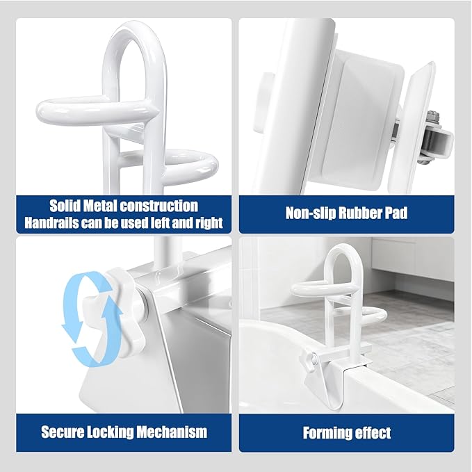 Adjustable Triple Grip Bathtub Grab Bars for Seniors, Clamp-On Safety Handrail for Handicap & Elderly, Fits 3-7Inch+ Thick Walls, Bathroom Balance Support for Family Safety