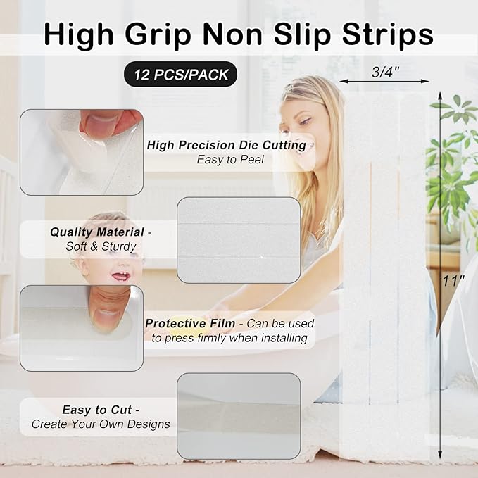 S&X Bathtub Non Slip Stickers,Gritty Textured Slip-Resistant Treads - 3/4 x 11 Inches - 12 of Pack (Clear)