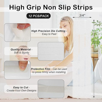 S&X Bathtub Non Slip Stickers,Gritty Textured Slip-Resistant Treads - 3/4 x 11 Inches - 12 of Pack (Clear)